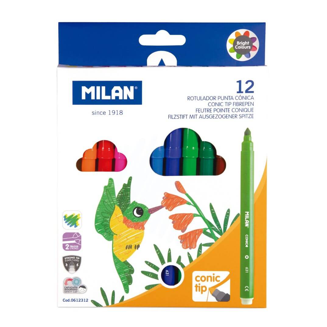 Caja 12 rotuladores punta cónica base agua MILAN