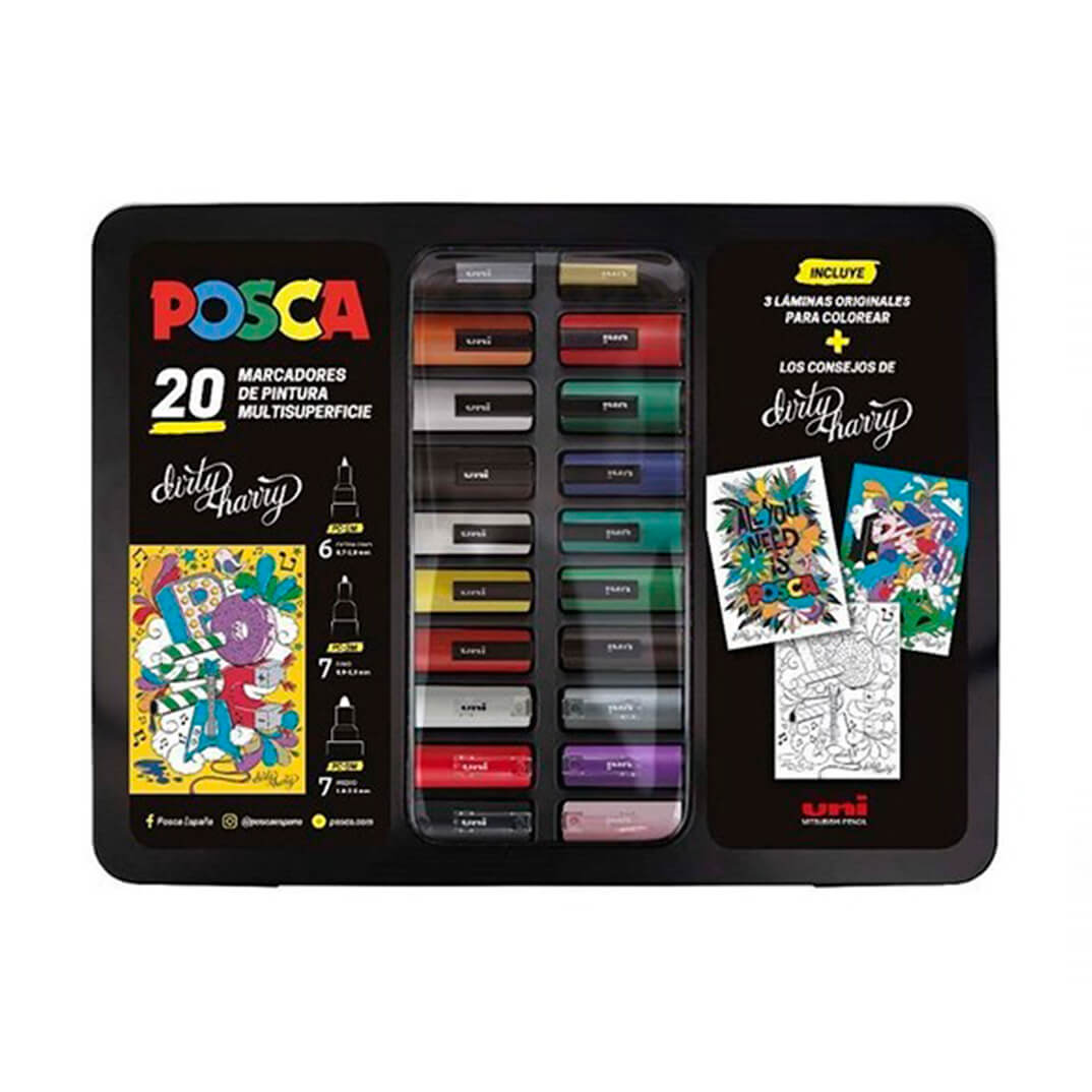 Maleta 20 retoladors Uni Posca Dirty Harry assort.