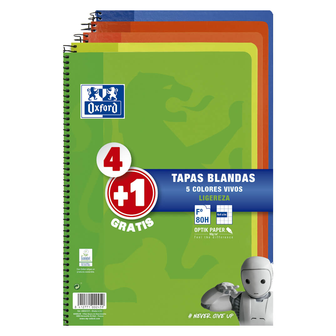 Pack cuaderno espiral 4+1 colores vivos t.blandas