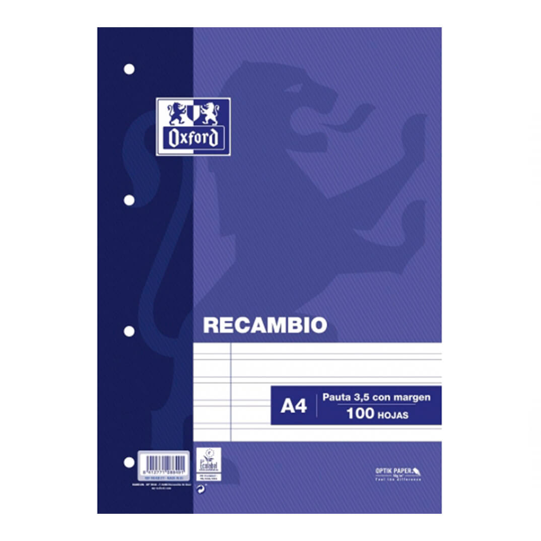 Oxford recambio 100 hojas A4 pauta 3,5 cm