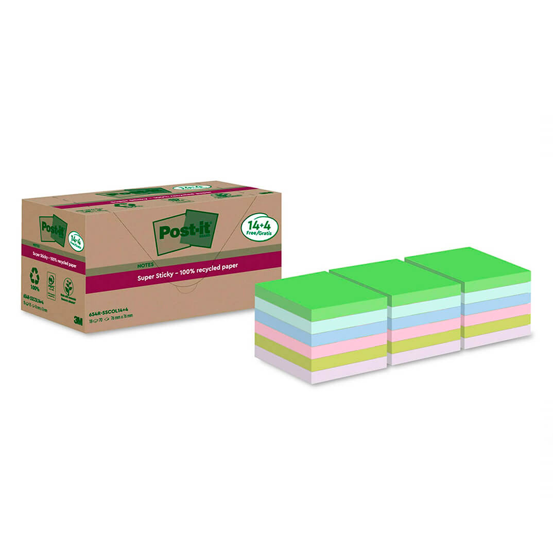 14 + 4 blocs post-it Super Sticky 100% Reciclades