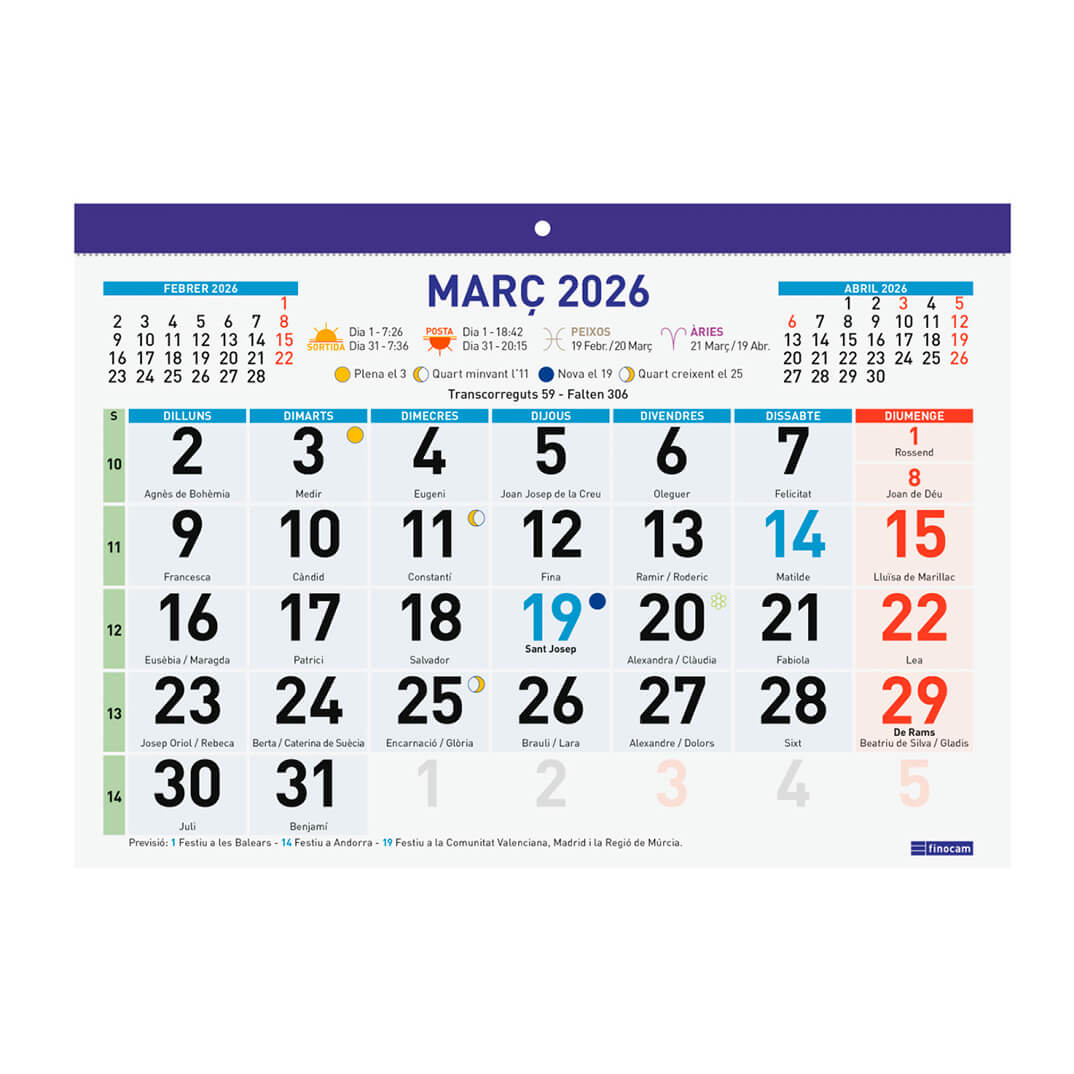 Calendario/Faldilla núm grandes 300x210mm Catalán
