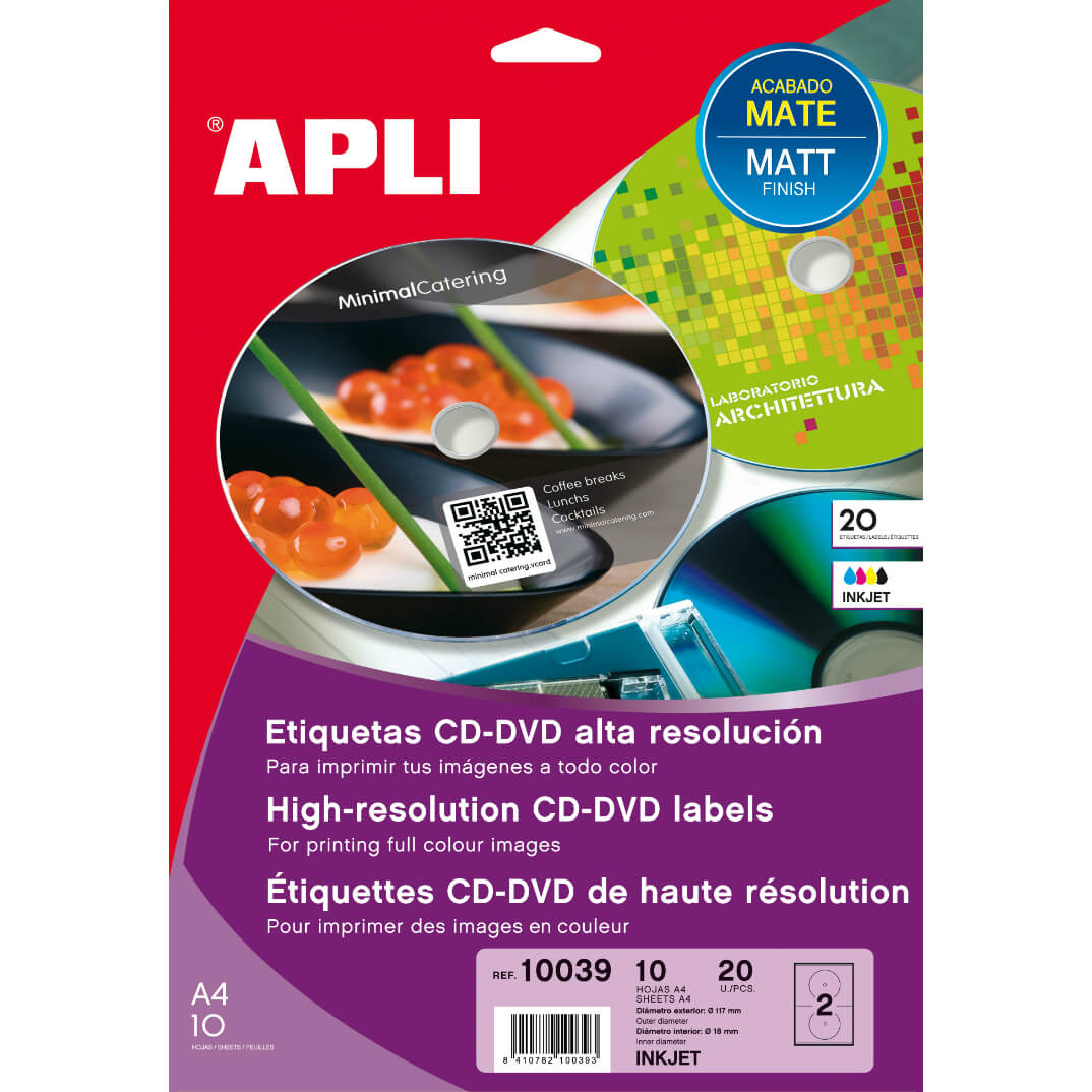 Etiquetas cd/dvd 117mm mate 10 hojas