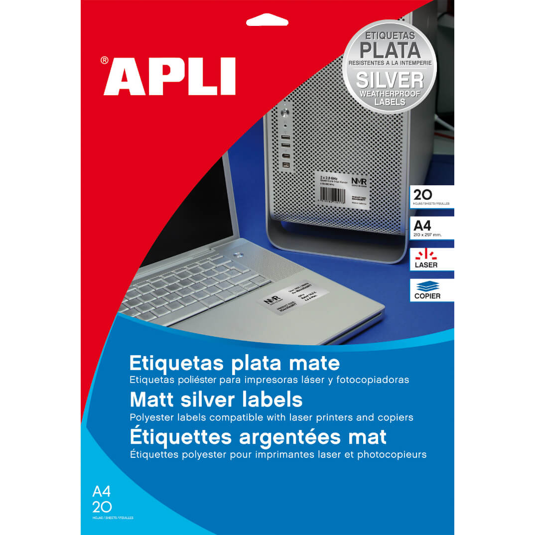 Paquet etiquetes polièster plata 45,7x21,2