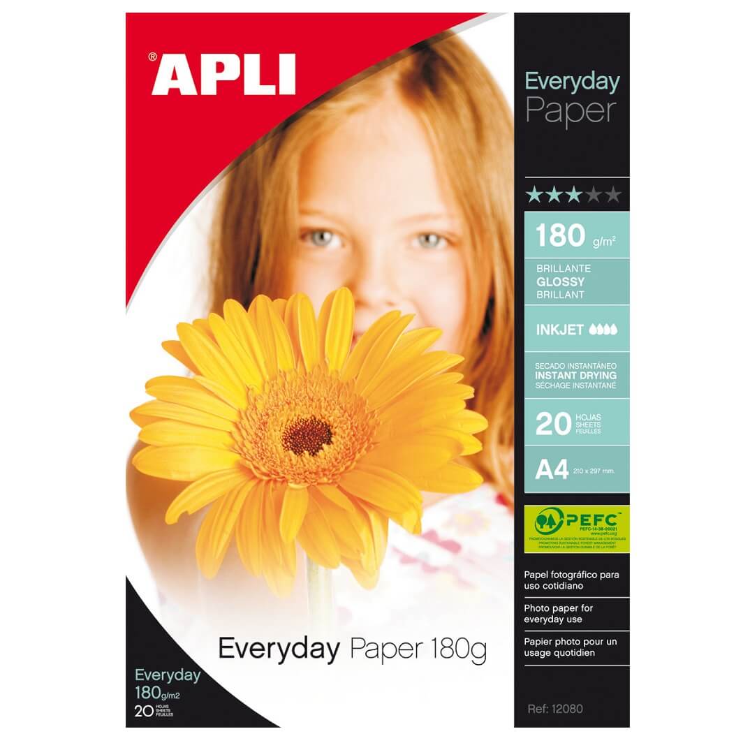 Paquete papel A4 brillante Apli Everyday 180g 20h