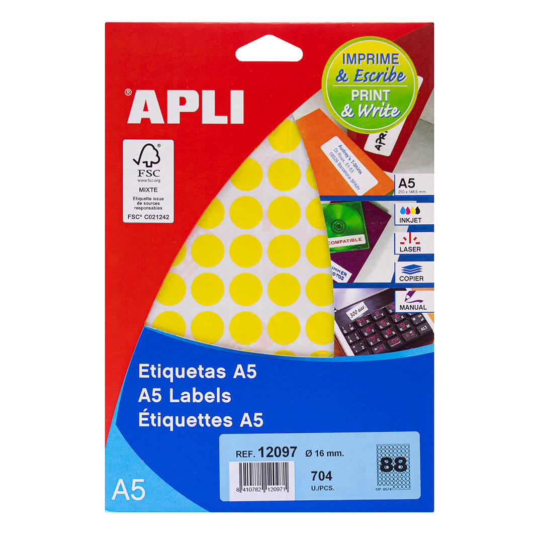 Eiquetes adhesives Apli A5 diametre 16mm groc