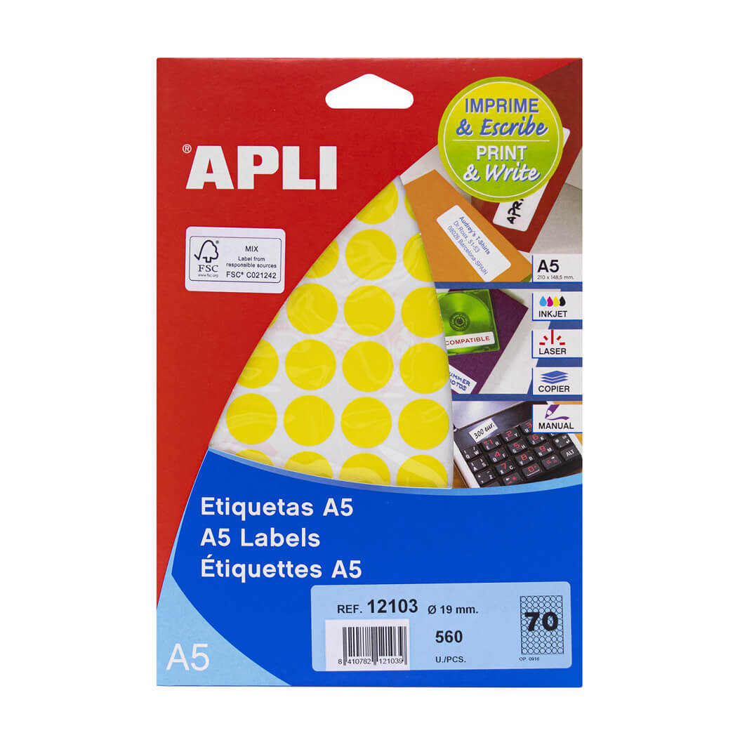 Eiquetes adhesives Apli A5 diametre 19mm groc