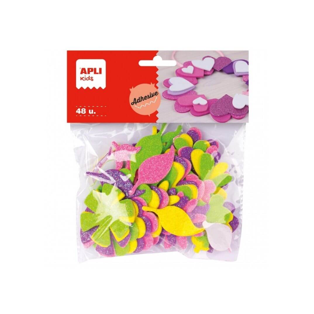 Formas Goma Eva adhesivas flor purpurina 48 u