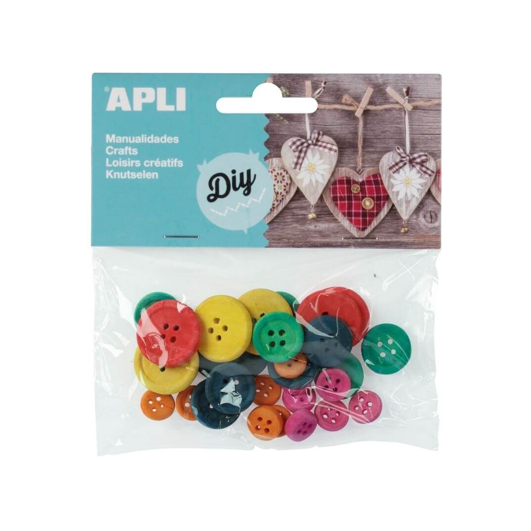 Botons fusta colors assortits 30u Apli