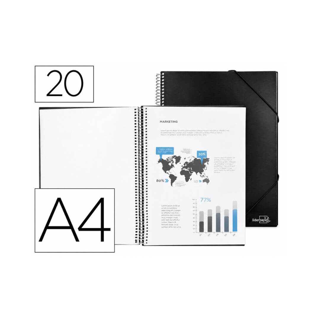 Carpeta Liderpapel amb espiral 20 fundes A4 negre