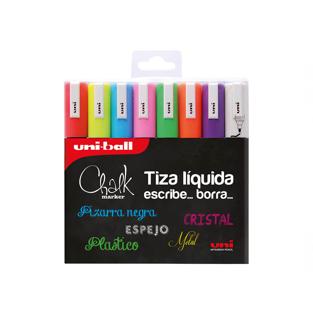 Estuche 8 marcadores tiza líquida Uni Chalk 1,8mm