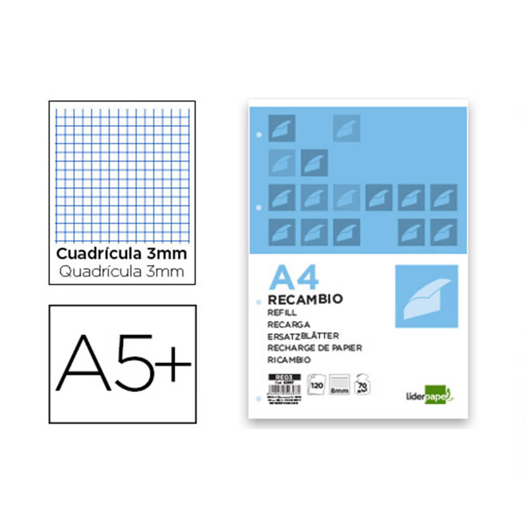 Recanvi A5 6 anelles quadricula C3 60g 100 fulls