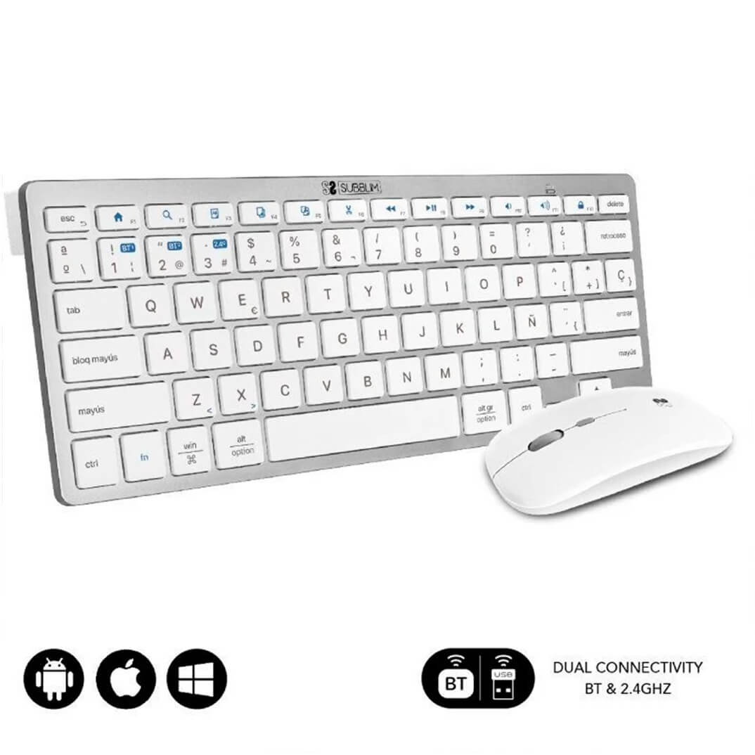 Teclado y ratón inalámbrico plateado/blanco