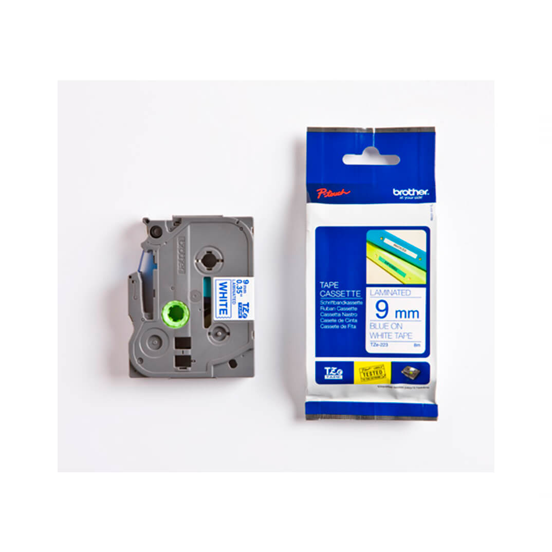 Cinta laminada Brother blanco/azul TZE223