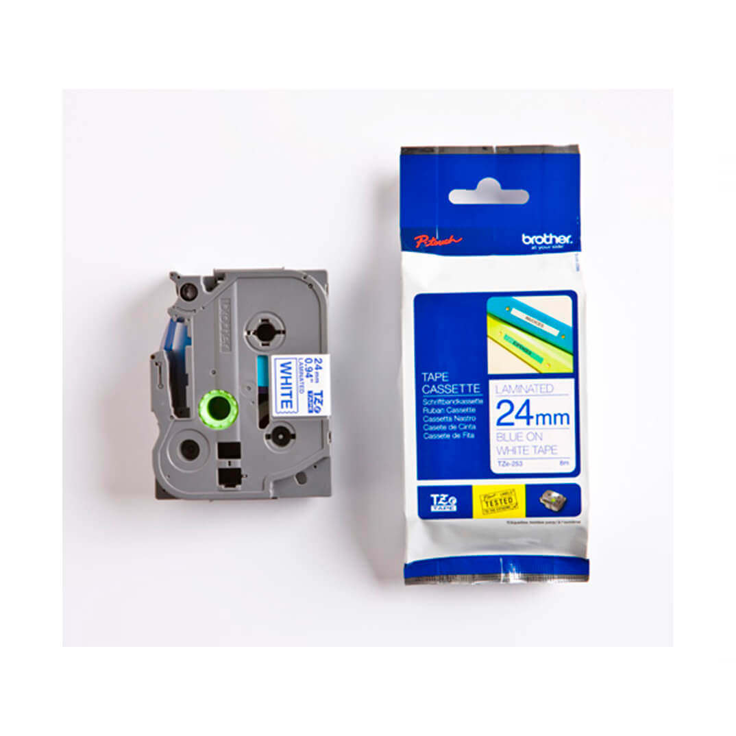 Cinta laminada Brother blanco/azul TZE253